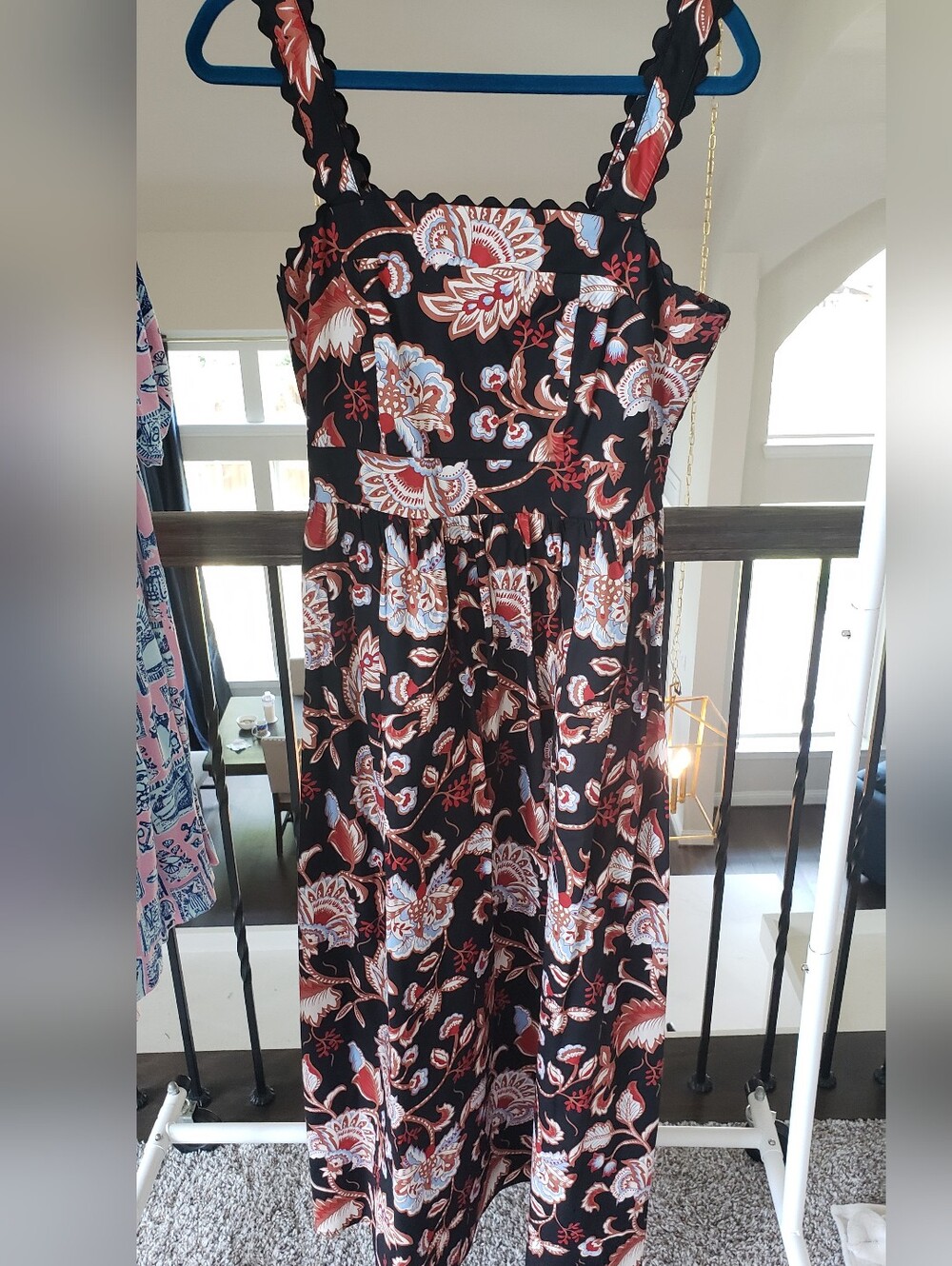 Rachel Black Midi Dress with Red and White Floral Print